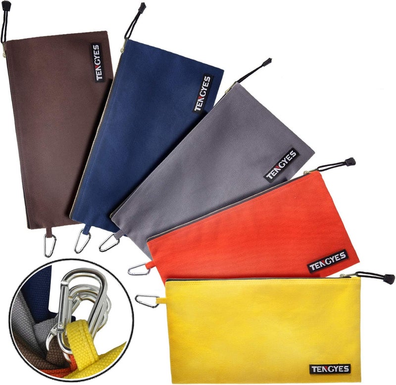 TENGYES Canvas Tool Pouch Zipper Bag - 5 Pack Utility Bags Heavy Duty Metal Zippers Pouches with Carabiner, Multi Storage Organizer Clip on Tote Bags - Image 1